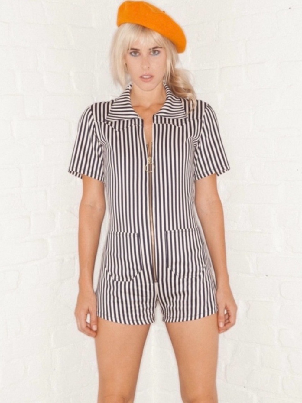 Lykke Wullf Janae Striped Utility Romper, Navy & Cream, Made in LA, Size Small